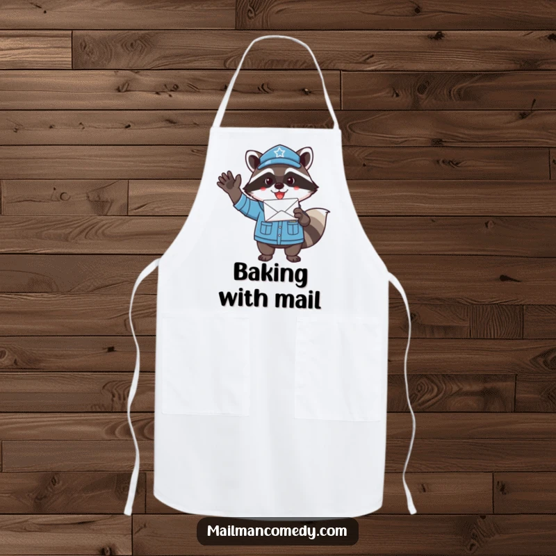 Funny raccoon mail carrier, enthusiastically waving a letter while in uniform, on a practical and humorous apron.