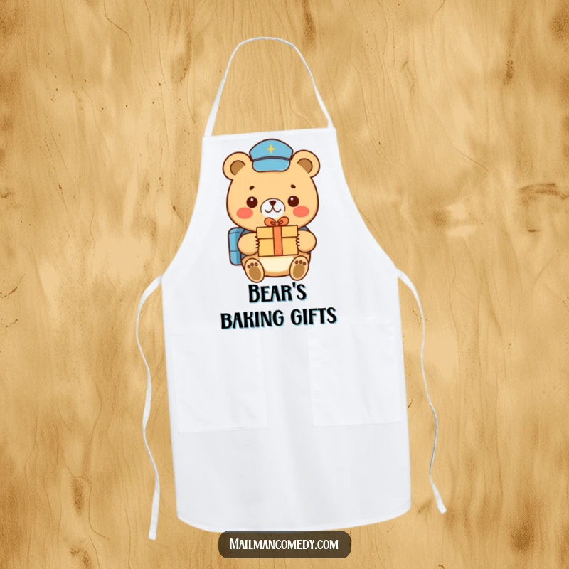 Funny bear mail carrier, smiling and holding a tiny gift box, on a practical and humorous apron.