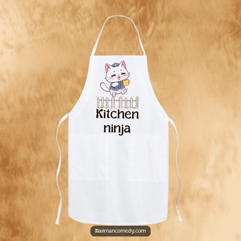 Funny apron art of a fluffy cat in a uniform, leaping over a fence with a package, ready for kitchen tasks.