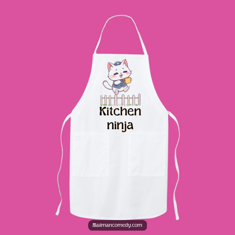 Funny Cat Courier Apron: Leaping Over Fence, Kitchen Humor!