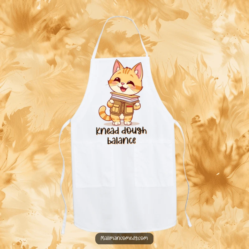 Funny apron featuring a giggling cat in a mail carrier vest, balancing a stack of letters on its nose, kitchen ready.