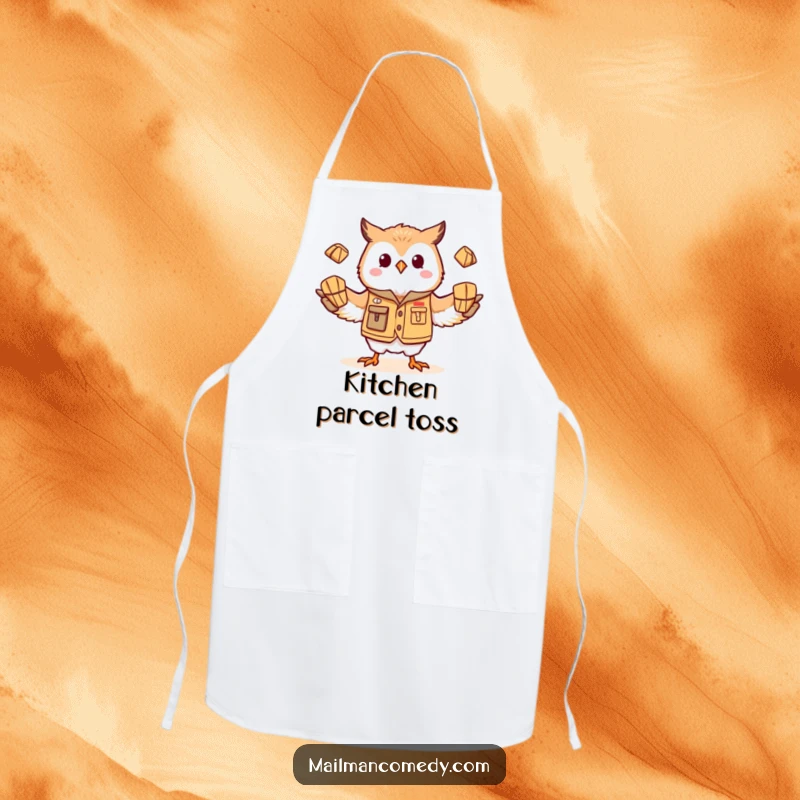 Funny owl mail carrier, skillfully juggling parcels while wearing a mail vest, on a practical and humorous apron.