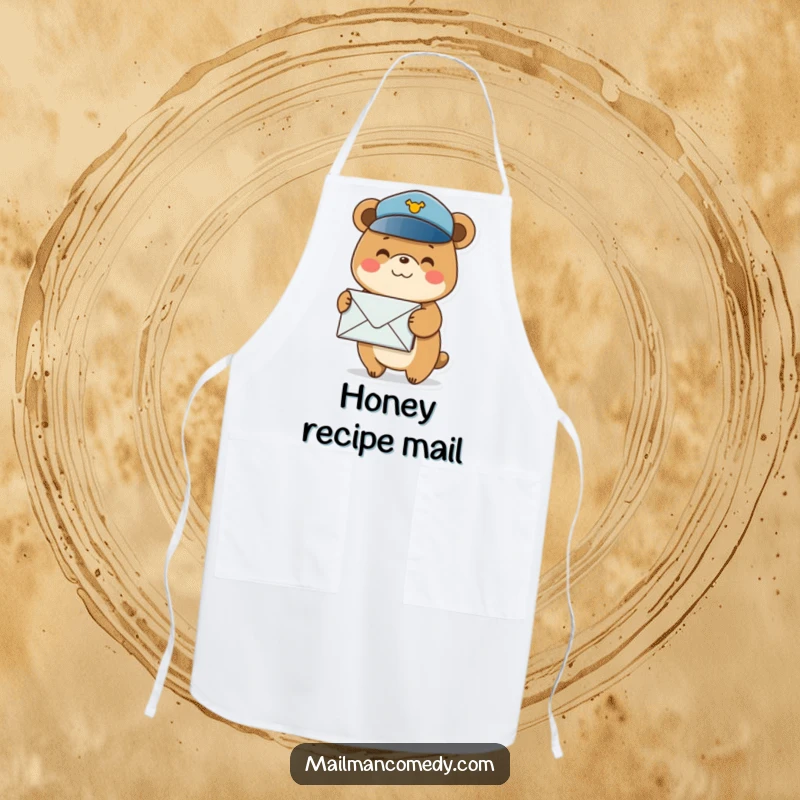 Funny apron art of a smiling bear in a postal hat, balancing a stack of envelopes, ready for kitchen tasks.