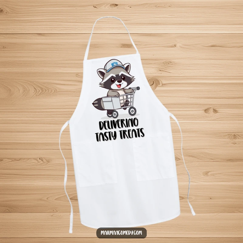 Funny Raccoon Mail Carrier Apron: An energetic raccoon mail carrier playfully hopping over a mail cart.