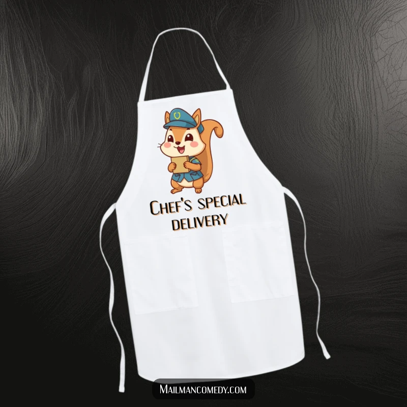 Funny squirrel in uniform, holding a parcel, delightful and funny apron for the kitchen.