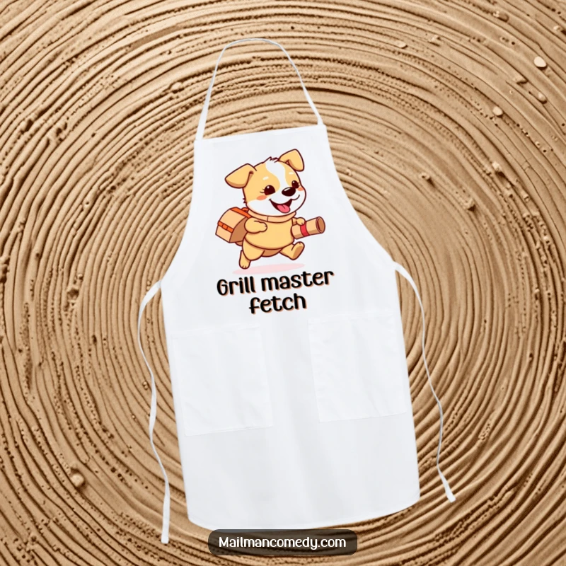 Funny apron featuring a playful dog wearing a mail bag, happily running with a rolled-up package, ready for the kitchen.