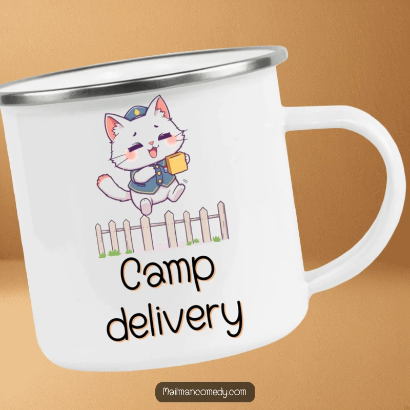 Funny camping mug featuring a fluffy cat in a uniform, leaping over a fence with a package, ready for outdoor adventures.