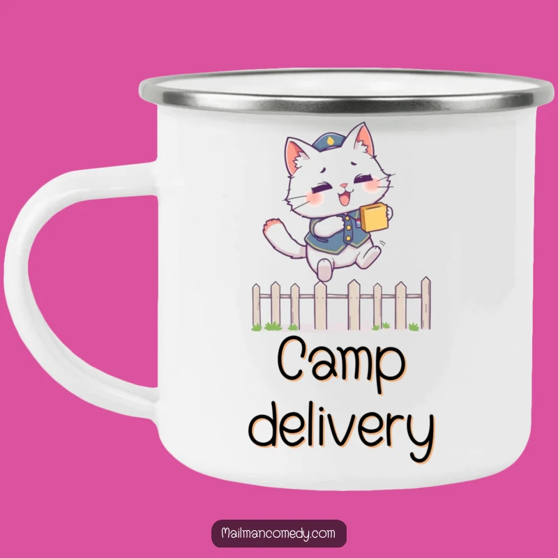 Funny Cat Courier Mug: Leaping Over Fence, Outdoor Humor!