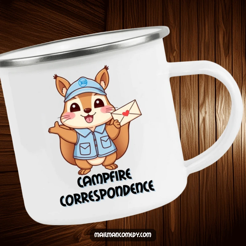 Funny Squirrel Mail Carrier Camping Mug: A cheerful squirrel mail carrier waving a letter.
