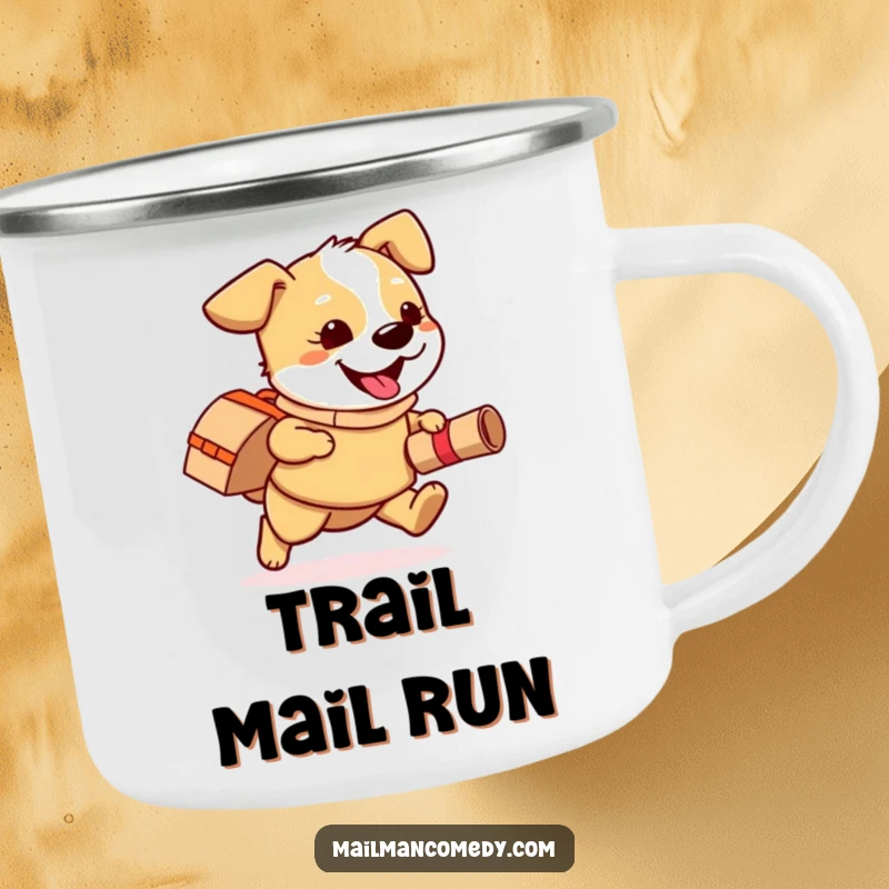 Funny camping mug featuring a playful dog wearing a mail bag, happily running with a rolled-up package, for outdoor fun.