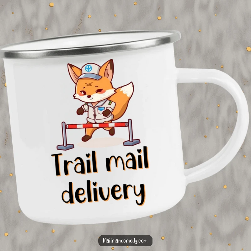 Funny fox mail carrier, conquering an obstacle course with gusto, on a durable camping mug for outdoor laughs.