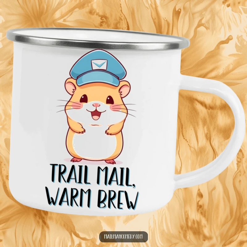 Funny hamster mail carrier camping mug, showing a cute rodent delivering mail outdoors.