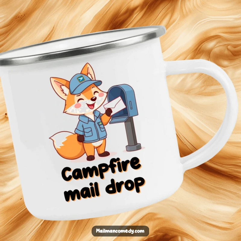 Funny camping mug featuring a happy cartoon fox in a mail carrier uniform, cheerfully tossing a letter into a mailbox, for outdoor fun.