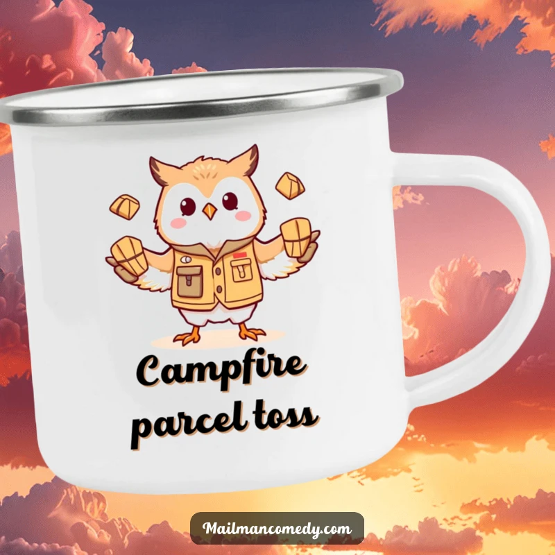 Funny owl mail carrier, juggling parcels with a smile, on a durable camping mug for outdoor amusement.