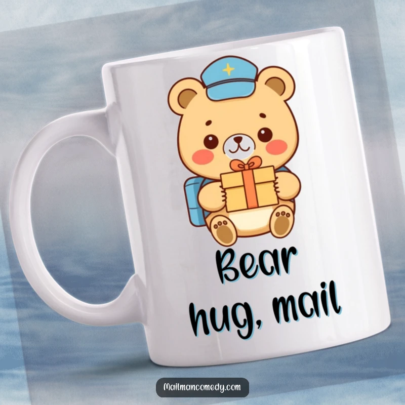 Funny, smiling bear in a mail uniform, gently delivering a tiny gift box with a warm expression, featured on a mug.