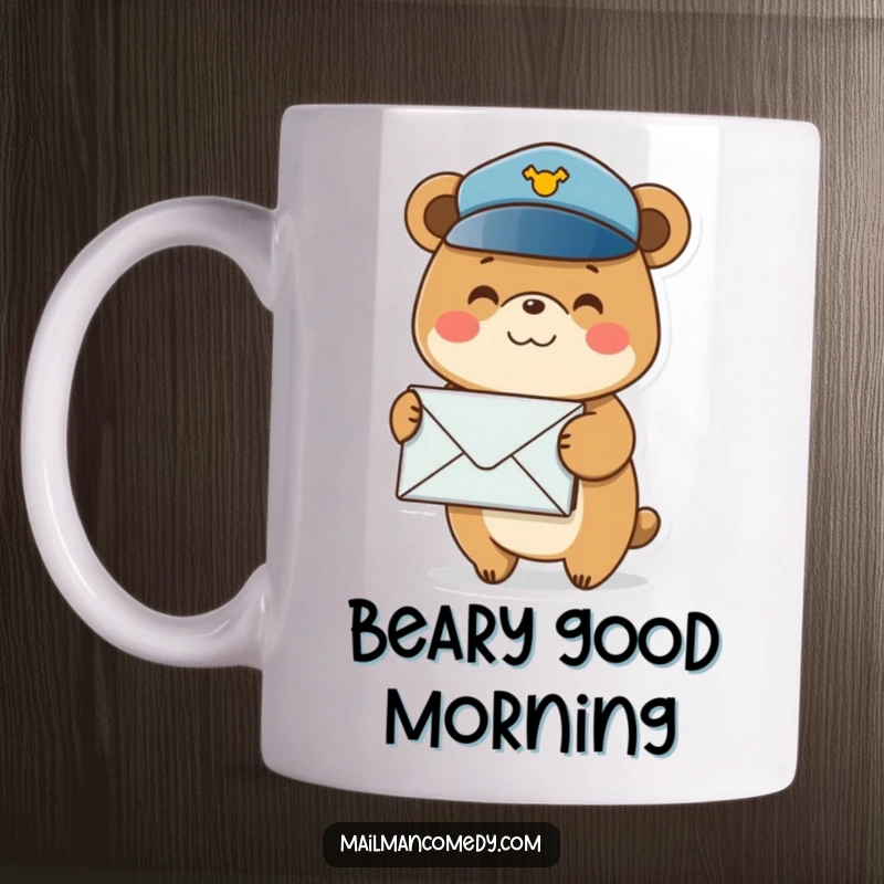 Funny postal bear mug showing a smiling bear wearing a postal hat, expertly balancing a tall stack of envelopes.