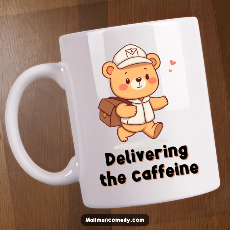 Funny mug featuring a cute bear wearing a small mail carrier hat, cheerfully skipping with a satchel overflowing with letters.