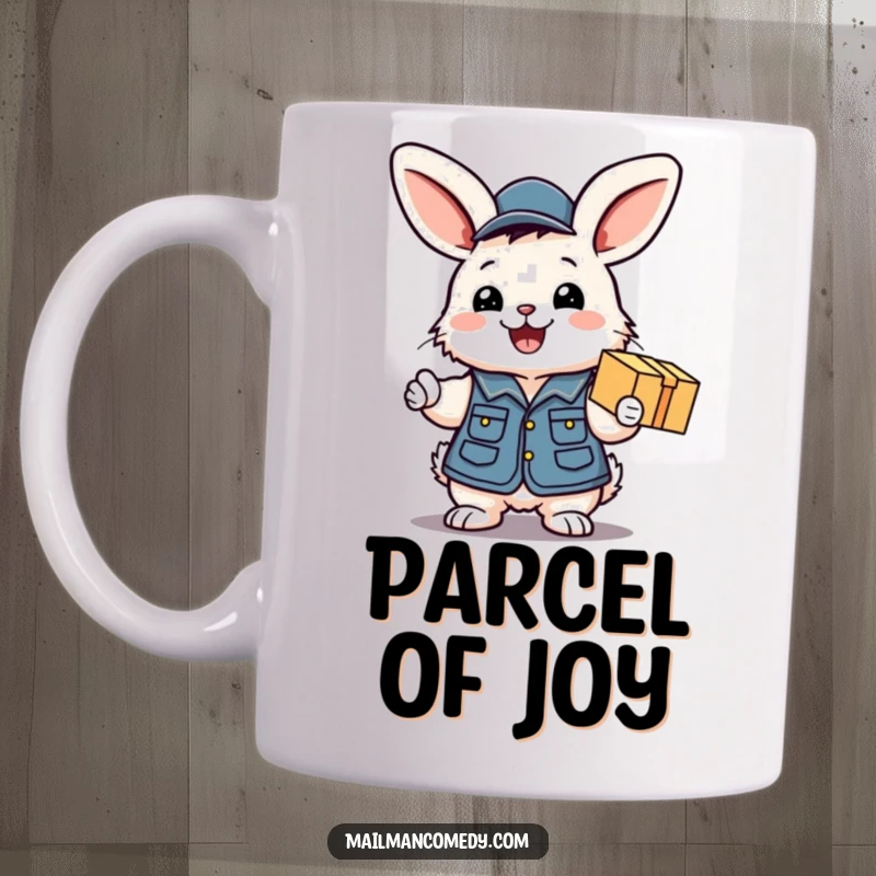 Funny mug featuring a fluffy bunny in a mail uniform vest, excitedly handing over a package with a wide, beaming smile.