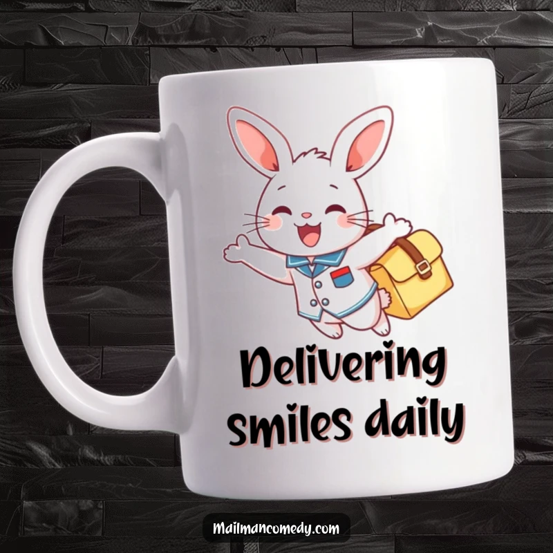 Funny mail bunny mug showing a cheerful bunny in a uniform, gleefully soaring through the air with a mailbag.