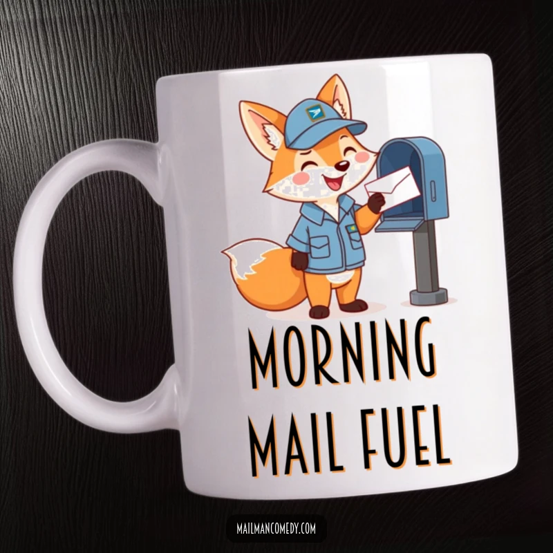 Funny mug featuring a happy cartoon fox in a mail carrier uniform, cheerfully tossing a letter into a mailbox, spreading joy.