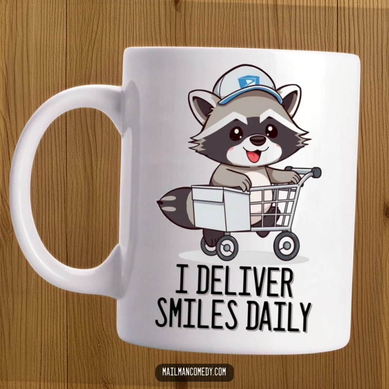 Funny Raccoon Mail Carrier Mug: An energetic postal worker in a hat joyfully hopping over a mail cart, spreading cheer.