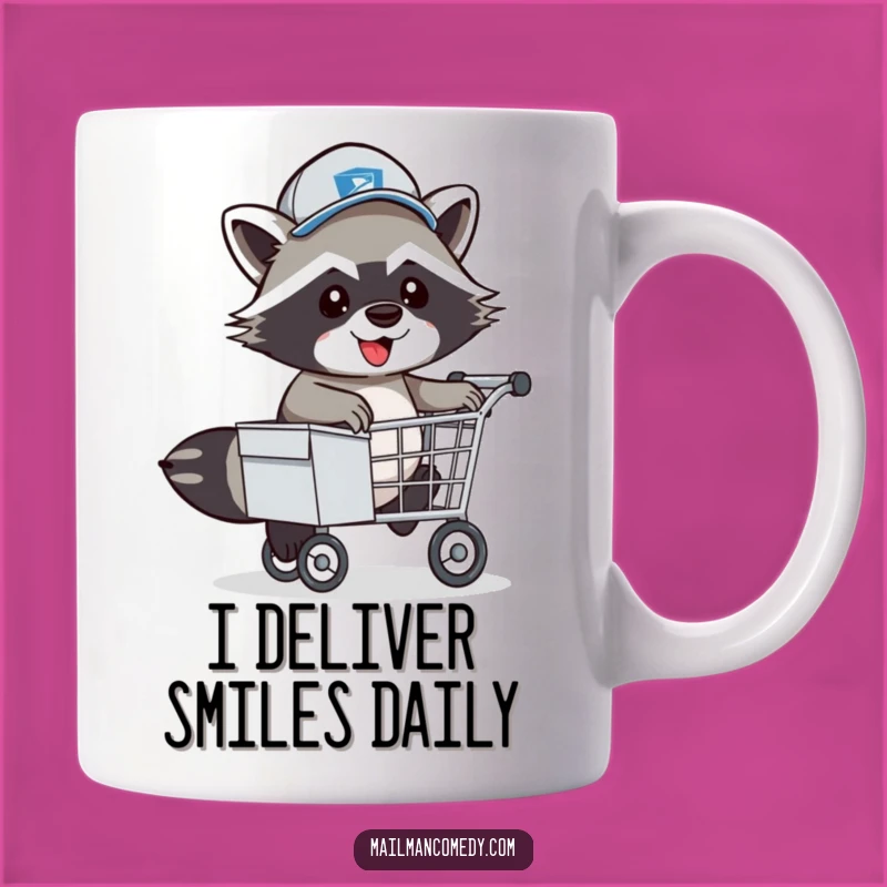 Funny Raccoon Mail Carrier Mug: Energetic Postal Pal Hopping Over Cart, Perfect Gift!