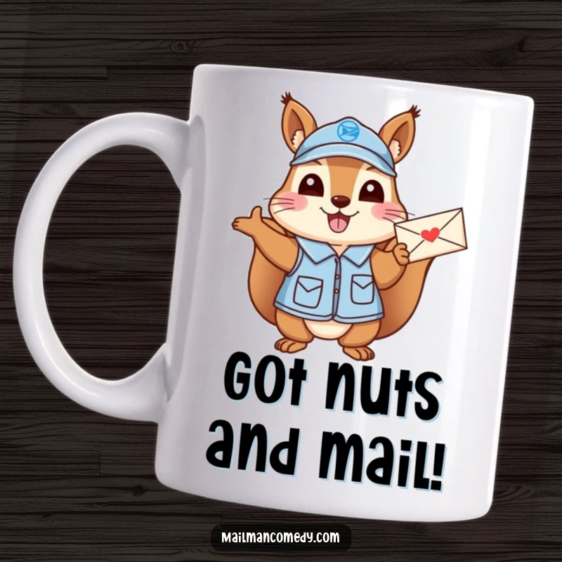 Funny Squirrel Mail Carrier Mug: A cheerful squirrel in uniform excitedly waving a letter, spreading postal cheer.