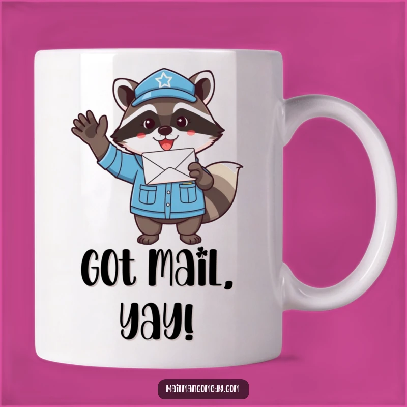 Funny Raccoon Mail Carrier Mug - Enthusiastic Letter Delivery Gift