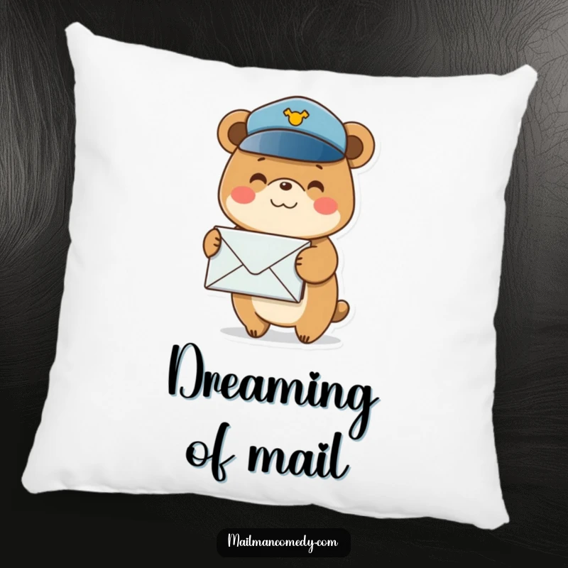Funny decorative pillow featuring a smiling bear in a postal hat, balancing a stack of envelopes, ideal for sofas.