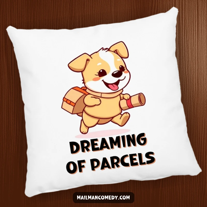 Funny pillow with a playful dog wearing a mail bag, happily running with a rolled-up package, soft and amusing.
