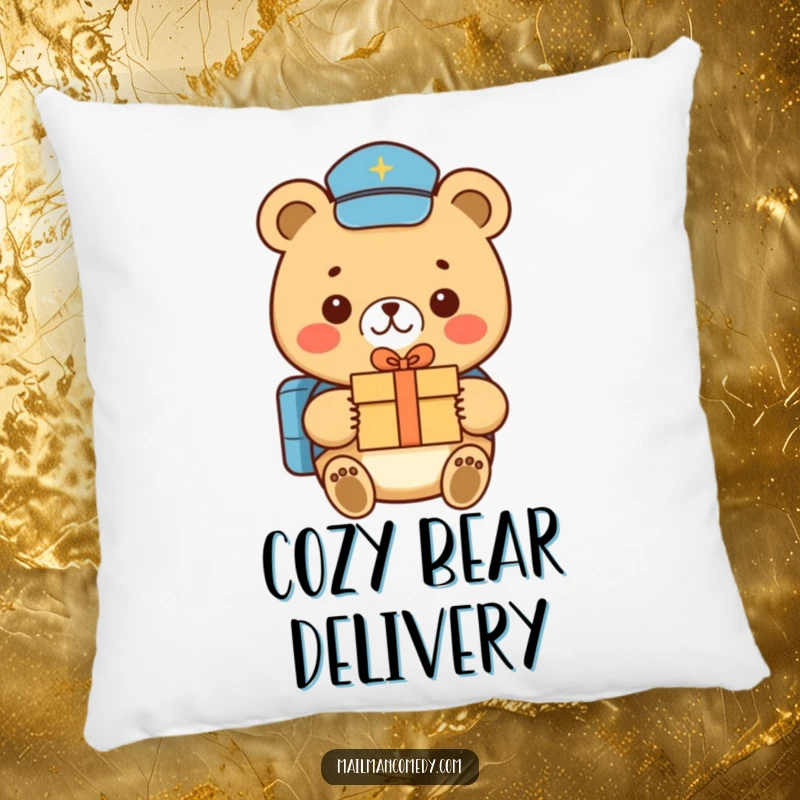 Funny bear mail carrier, delivering a tiny gift with a smile, bringing warmth and comfort to this decorative pillow.