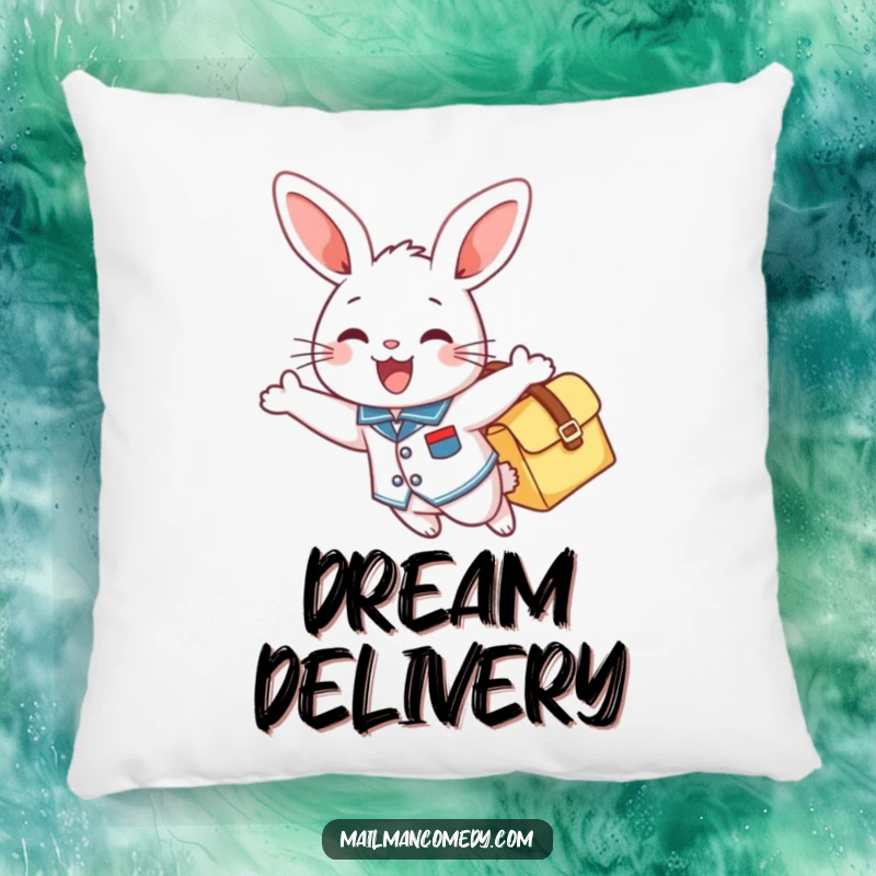 Funny decorative pillow featuring a cheerful bunny in a uniform, gleefully soaring with a mailbag, perfect for sofas and chairs.
