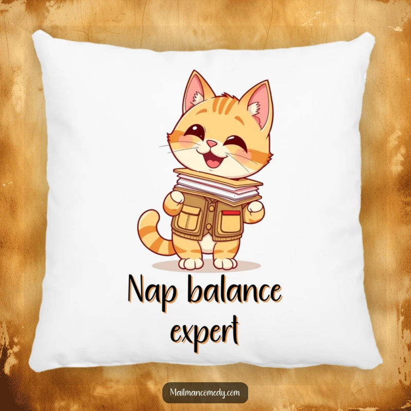 Funny pillow with a giggling cat in a mail carrier vest, balancing a stack of letters on its nose, soft and amusing.