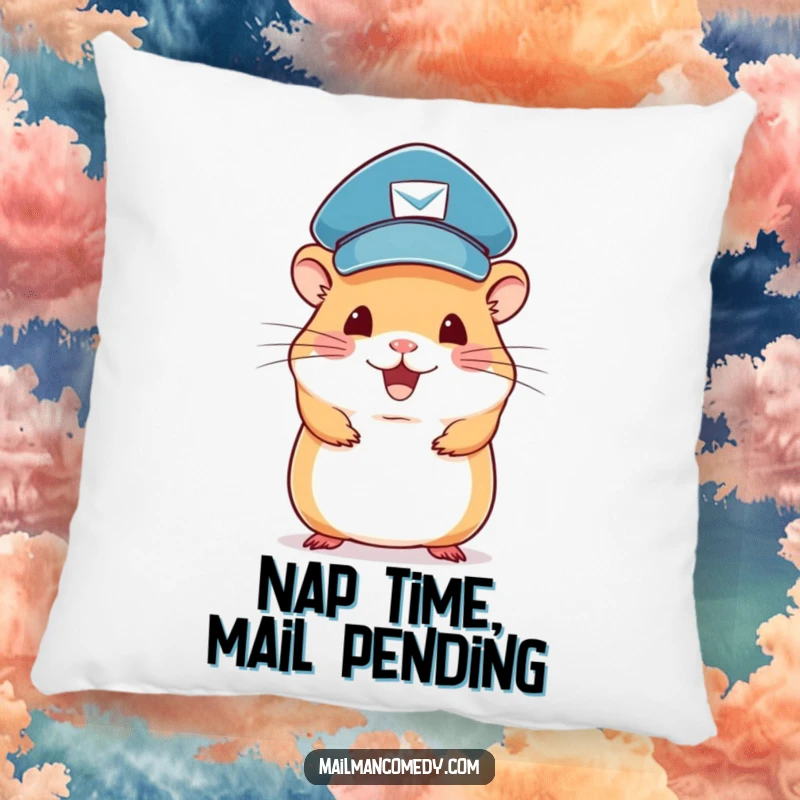 Funny hamster mail carrier pillow accent, featuring a cute rodent delivering mail with a smile.
