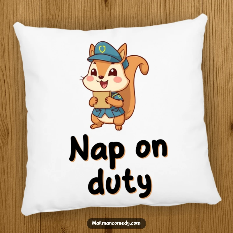 Funny squirrel in uniform, holding a small parcel, soft and funny pillow accent.