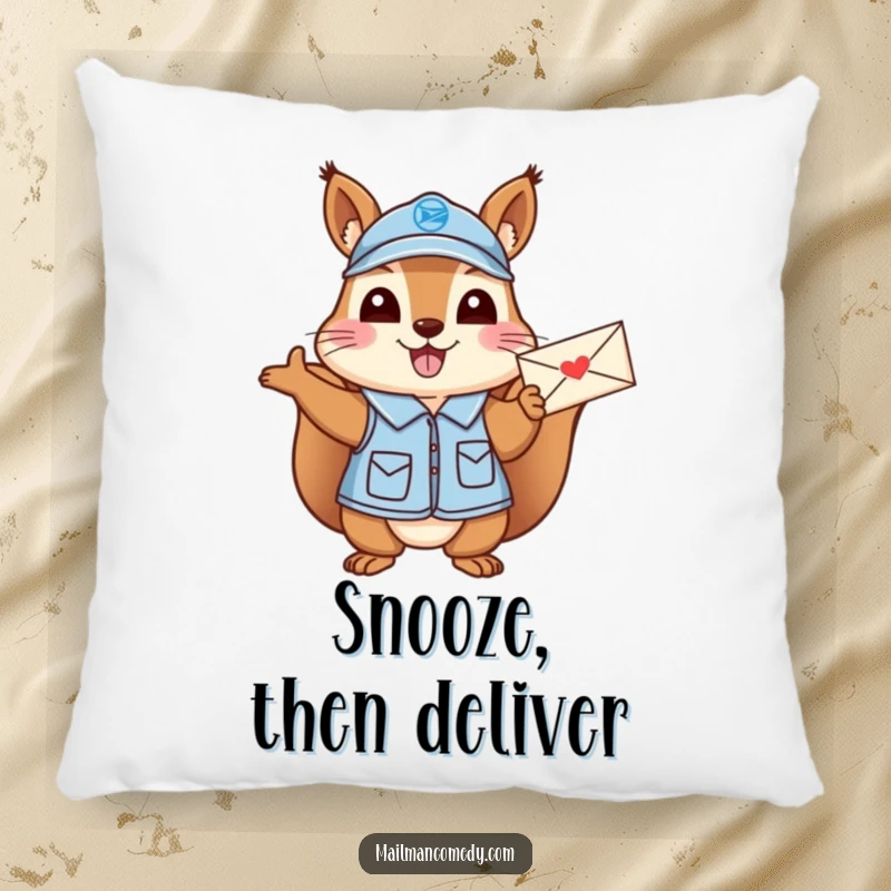 Funny Squirrel Mail Carrier Pillow: A cheerful squirrel in a mail carrier uniform excitedly waving a letter.