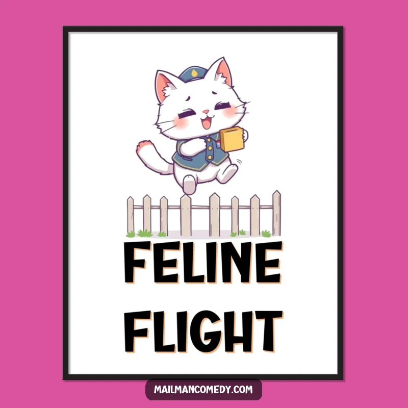 Funny Cat Courier Wall Art: Leaping Over Fence, Hilarious Print!