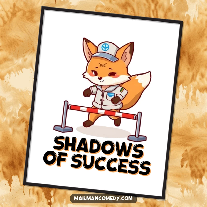 Funny fox mail carrier art, dynamic and energetic, completing a mini obstacle course, available as a digital print.