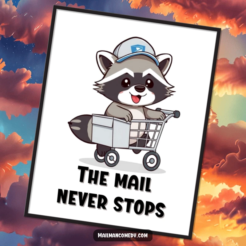Funny Raccoon Mail Carrier Digital Art: An energetic raccoon mail carrier in a hat playfully hopping over a mail cart.