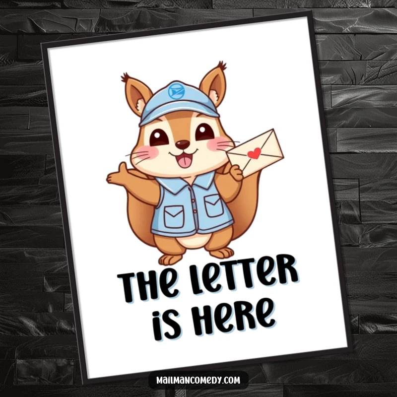 Funny Squirrel Mail Carrier Digital Art: A cheerful squirrel in a mail carrier uniform excitedly waving a letter.