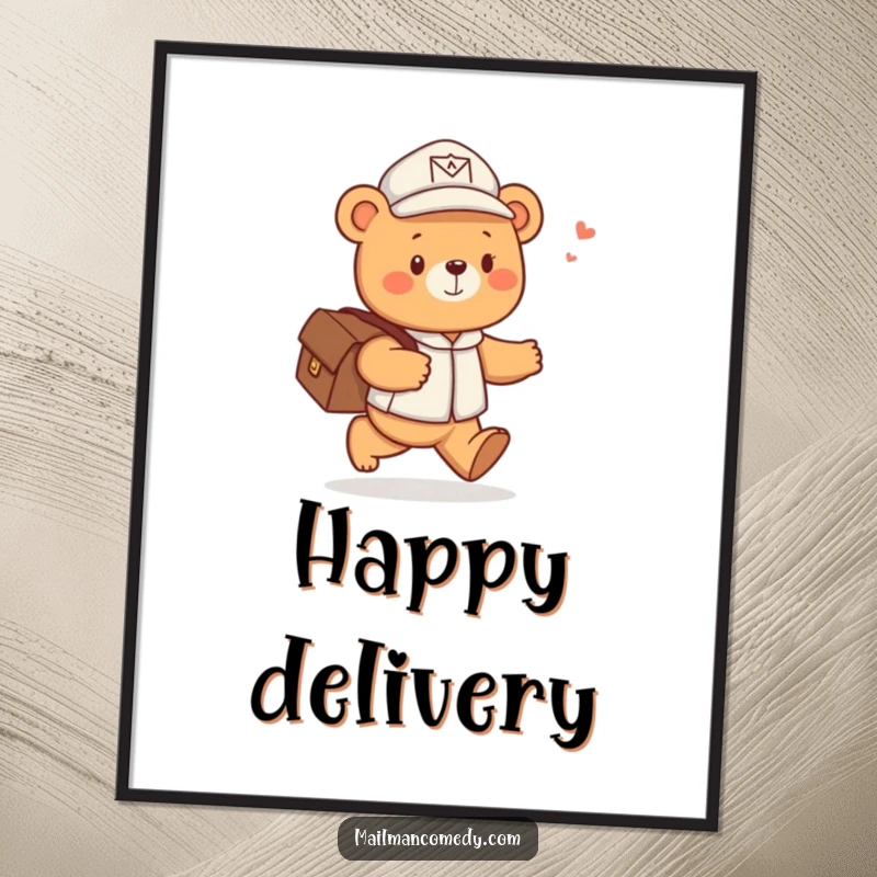 Funny digital art print of a cute bear mail carrier skipping joyfully with a satchel of letters, for cheerful wall decor.