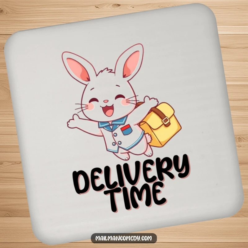 Funny drink coaster art of a cheerful bunny in a uniform, gleefully soaring with a mailbag, protecting furniture.