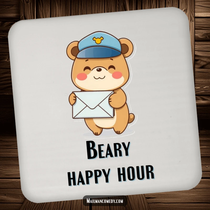 Funny drink coaster art of a smiling bear in a postal hat, balancing a stack of envelopes, protecting furniture.