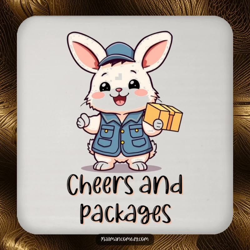 Funny drink coaster featuring a fluffy bunny mail carrier excitedly handing a package with a big smile, adding cheerful humor to tables.