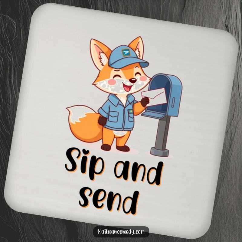 Funny coaster with a happy cartoon fox in a mail carrier uniform, cheerfully tossing a letter into a mailbox, a charming protector.