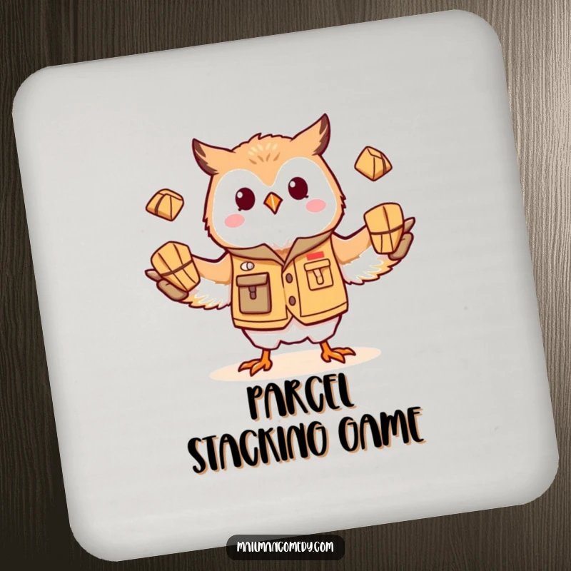 Funny owl mail carrier, mid-juggle with parcels, printed on a protective and humorous drink coaster.