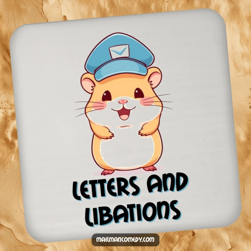 Funny hamster mail carrier drink coasters, featuring a cute rodent carrying mail, protecting surfaces.