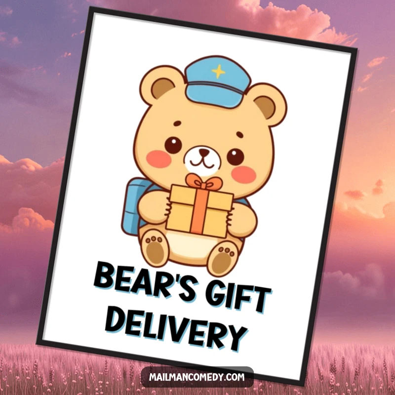 Funny bear mail carrier art, showing a sweet smile and a small gift delivery, perfect for humorous and heartwarming wall decor.
