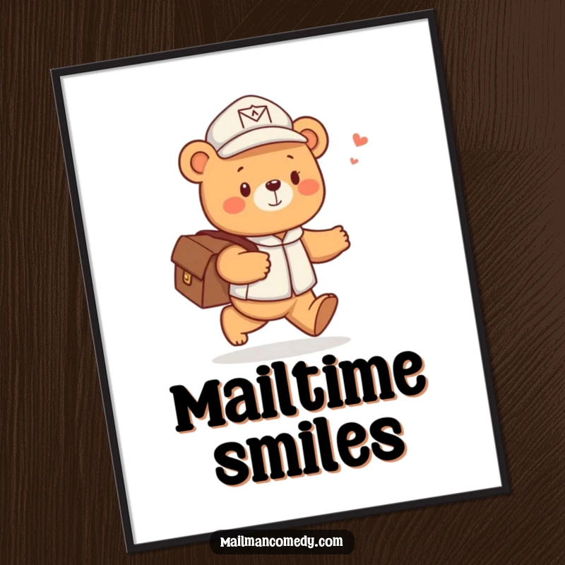 Funny poster of a cute bear in a mail carrier hat, skipping joyfully with a satchel of letters, for cheerful wall decor.