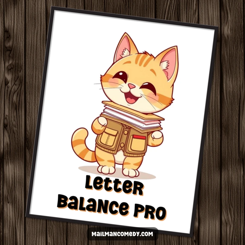 Funny poster showcasing a giggling cat in a mail carrier vest, balancing a stack of letters on its nose, a masterful feat.